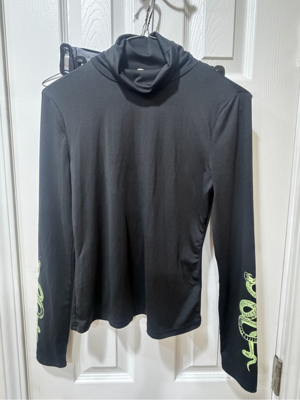 SHEIN Black Turtleneck Long Sleeve Top with Neon Green Snake Sleeves